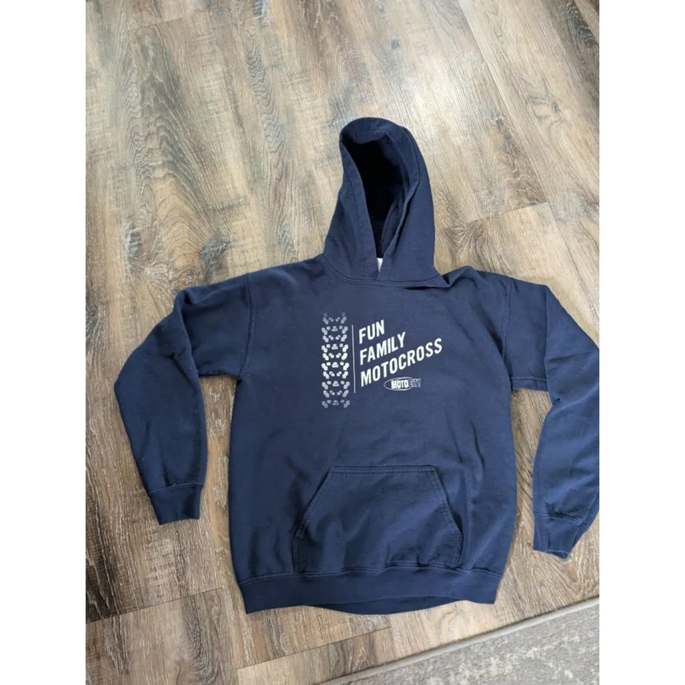 Youth Gildan Hoodie Size L Blue Fun Family Motocross - Picture 1 of 4